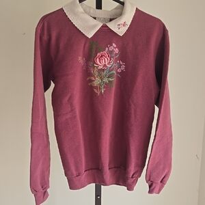 Top Stitch By Morning Sun Floral Embroidered Pink Collared Crewneck Size: Small